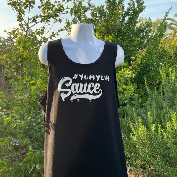 A black tank top with the words " yum yum sauce ".