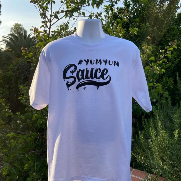 A white t-shirt with the words " yumyun sauce ".
