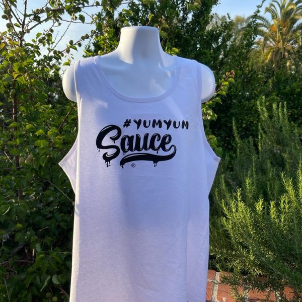 A white tank top with the words " yum yum sauce ".